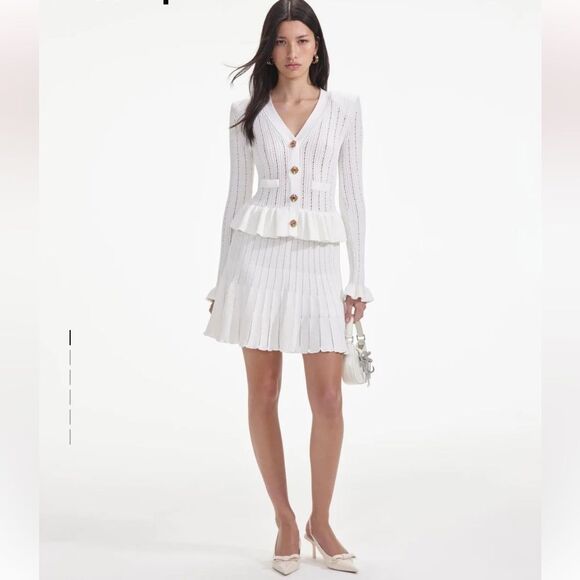 NWT SELF-Portrait WHITE KNIT PEPLUM MINI DRESS Medium - Picture 12 of 14